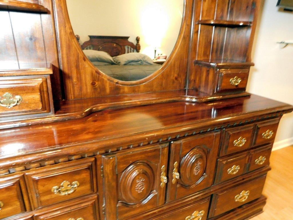 Wooden Matching Bedroom Set with Mirror, Drawers, and Carved Accents - 7