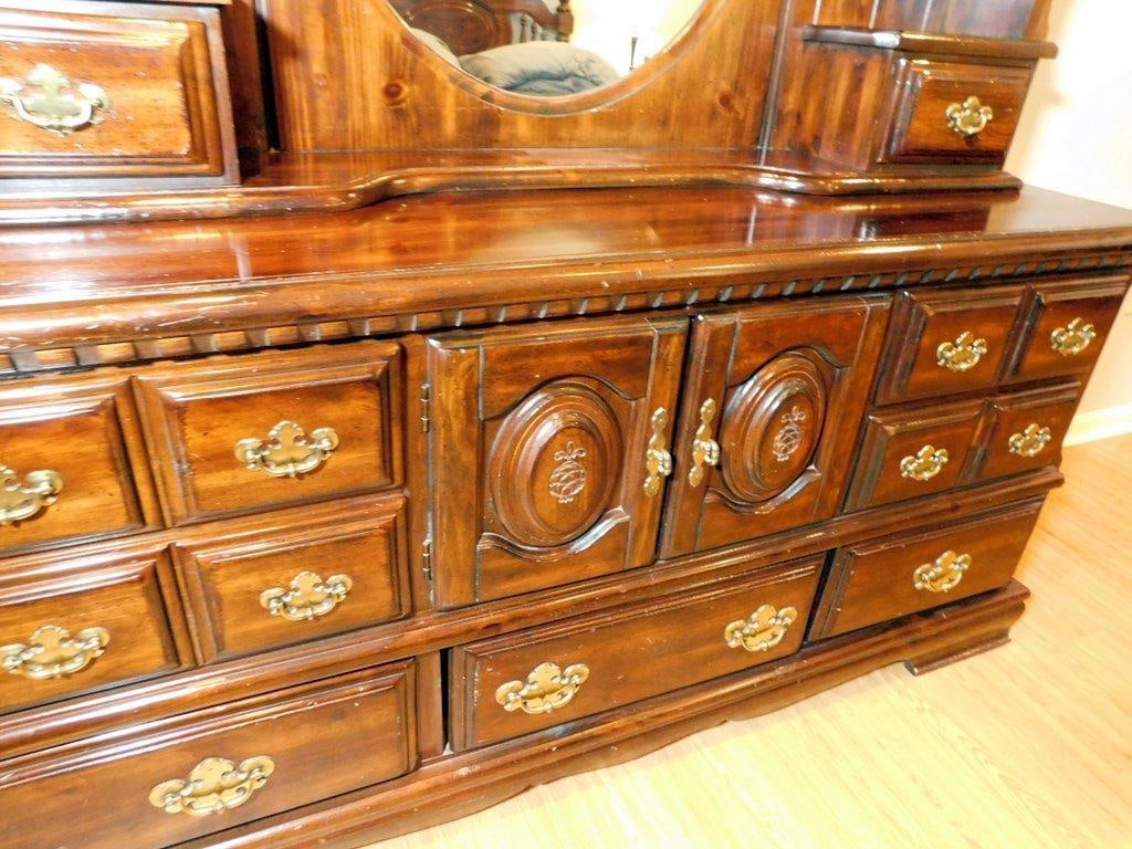 Wooden Matching Bedroom Set with Mirror, Drawers, and Carved Accents - 8