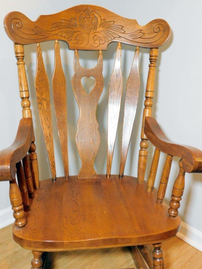 Carved Oak Rocking Chair w/ Heart Detail - 2
