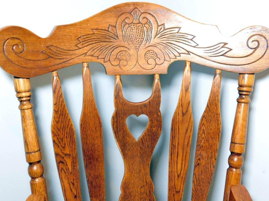 Carved Oak Rocking Chair w/ Heart Detail - 7