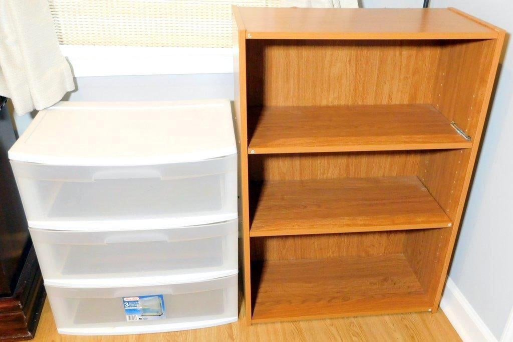 Plastic Sterilite 3-Drawer Cart and Wooden 3-Shelf Bookcase Storage Lot (1 of 7)