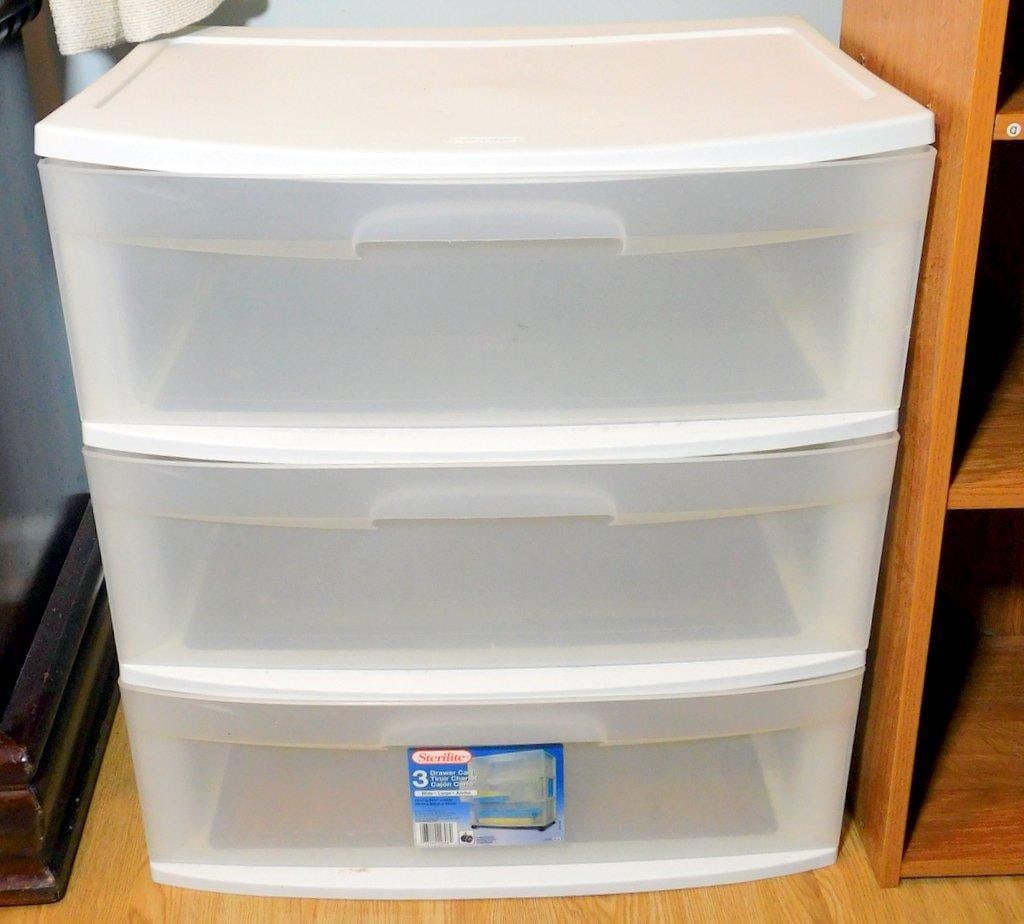 Plastic Sterilite 3-Drawer Cart and Wooden 3-Shelf Bookcase Storage Lot - 2