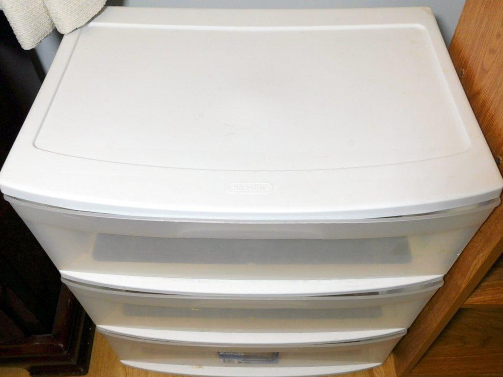Plastic Sterilite 3-Drawer Cart and Wooden 3-Shelf Bookcase Storage Lot - 3