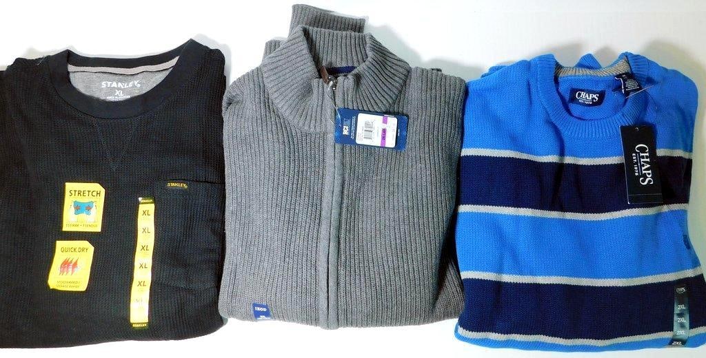 Three Sweaters by Stanley, Izod, and Chaps: Collection includes a black XL Stanley stretch quick-dry thermal knit sweater, a gray XXL Izod rib-knit zip-up sweater, and a blue XXL Chaps crewneck sweater with stripe pattern Each sweater is new