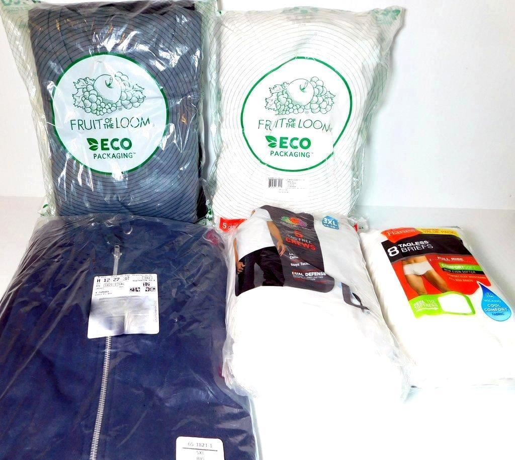Fruit of the Loom and Hanes Apparel in Various Sizes: This lot includes a variety of apparel items from Fruit of the Loom and Hanes Items include a Fruit of the Loom men's 5XL zip-up navy jacket, a 6-pack of Fruit of the Loom men's white t-shirts (size