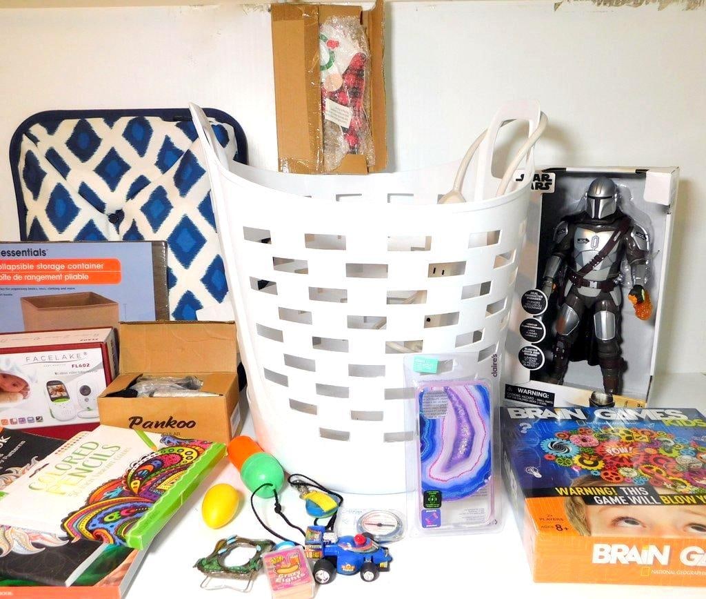 Lot with Star Wars Action Figure, Storage Items, and Coloring Supplies: Wildly diverse grouping This lot featuring a variety of items including a 13-inch Star Wars Mandalorian talking action figure with light-up effects and sound, a white plastic storage basket, a