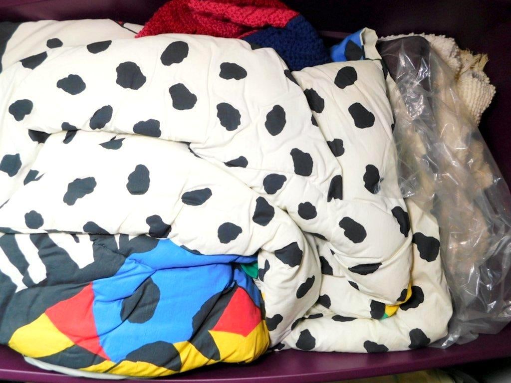 Two Large Plastic Storage Totes w/ Assorted Linens - 2