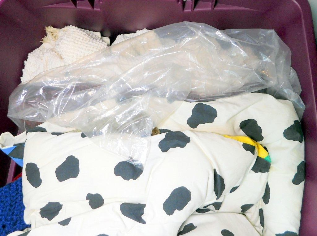 Two Large Plastic Storage Totes w/ Assorted Linens - 3