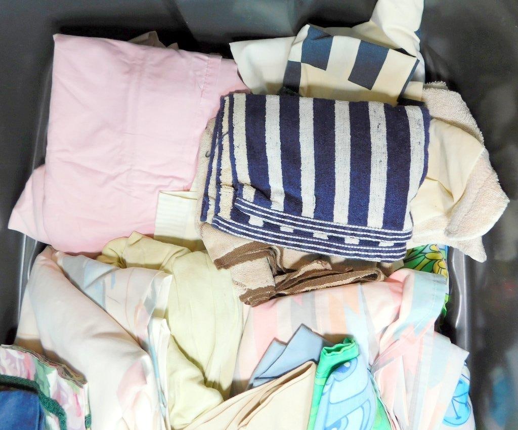 Two Large Plastic Storage Totes w/ Assorted Linens - 6