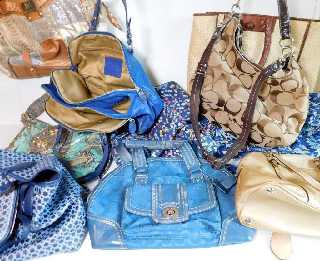 Designer and Patterned Handbags Grouping: Handbags featuring a mix of designer and patterned styles Includes brands such as Sharif Materials include leather, canvas, and synthetic blends with various colors and patterns like floral designs