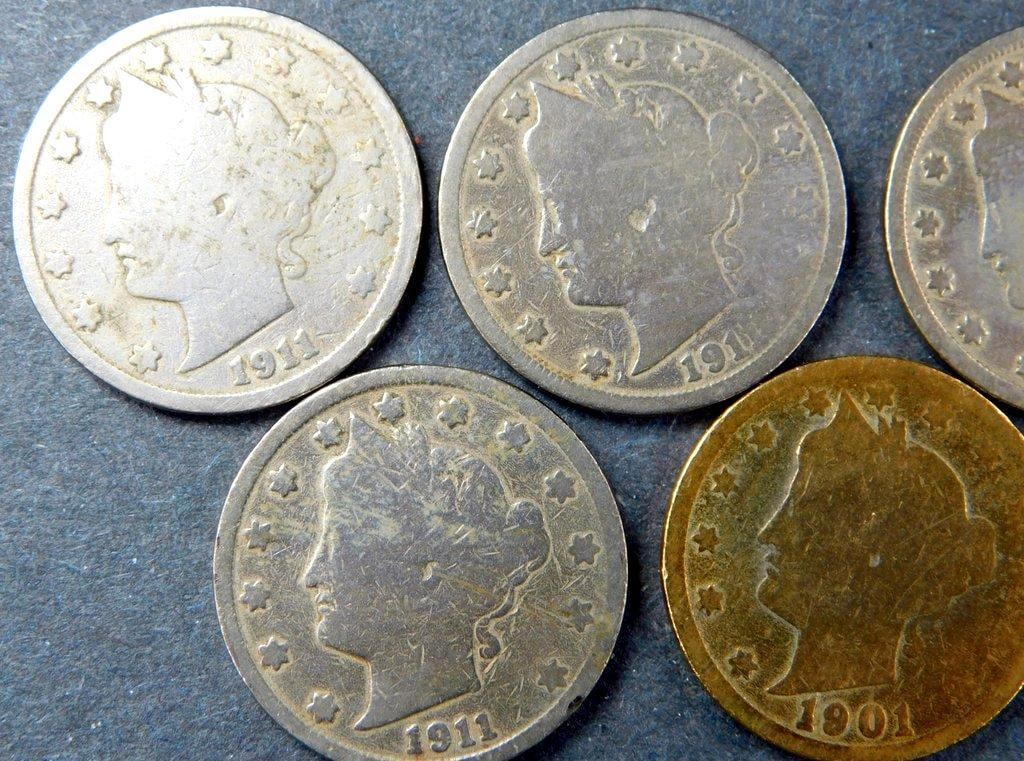 Seven Liberty Head - V Nickels with One Gold-Toned Example - 2