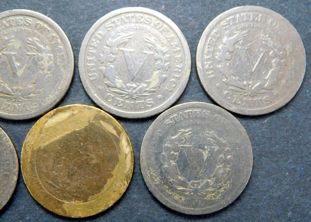 Seven Liberty Head - V Nickels with One Gold-Toned Example - 7
