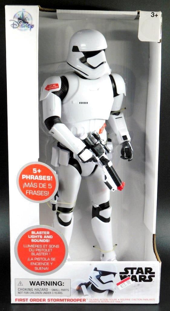 Star Wars Retired First Order Stormtrooper Talking Action Figure in Box: Star Wars Retired First Order Stormtrooper Talking Action Figure New in Box Retired !6 inches tall Newer versions are smaller 9 7/8 inches Features include blaster with lights Dual blaster