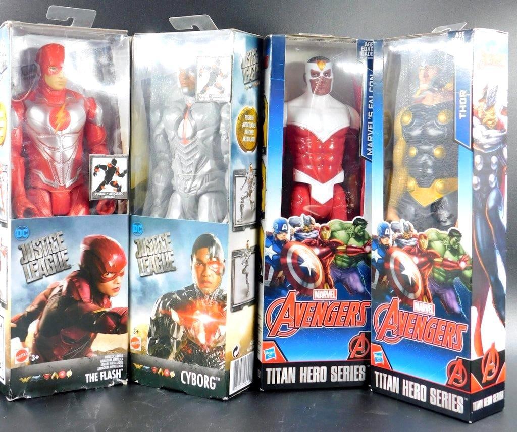(Lot of 4) Marvel Action Figures - Falcon, The Flash, Cyborg, Thor New In Box: (Lot of 4) Marvel Action Figures - Falcon, The Flash, Cyborg, Thor New In Box 12 inches tall Box Condition: good- Minor storage creases All for one money 