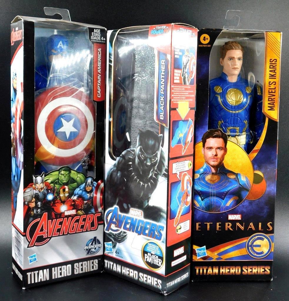 (Lot of 3) Hasbro Marvel Titan Hero Series, Captain America, Black Panther, Ikaris New In Box: (Lot of 3) Hasbro Marvel Titan Hero Series, Captain America, Black Panther, Ikaris New In Box 12 inches tall New In box Basic articulation Box Condition: No rips or tears. Minor storage