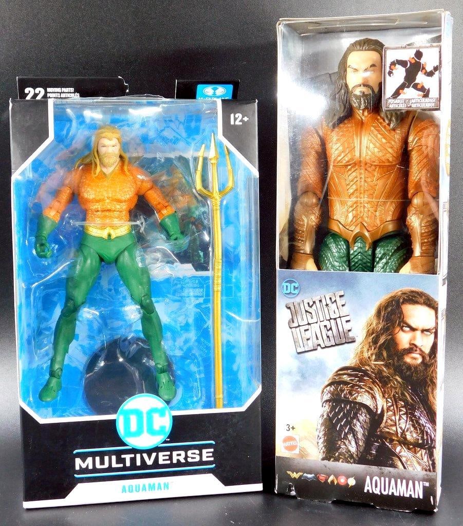 (Lot of 2) DC Comics- Aqua Man- McFarland Toys Multiverse and Matel versions New in Box: (Lot of 2) Aqua Man- Hasbro and Mattel versions New in Box McFarland Aqua Man features "ultra articulation" w up to 22 moving parts Approximately 7 inches tall Comes with trident and a base for