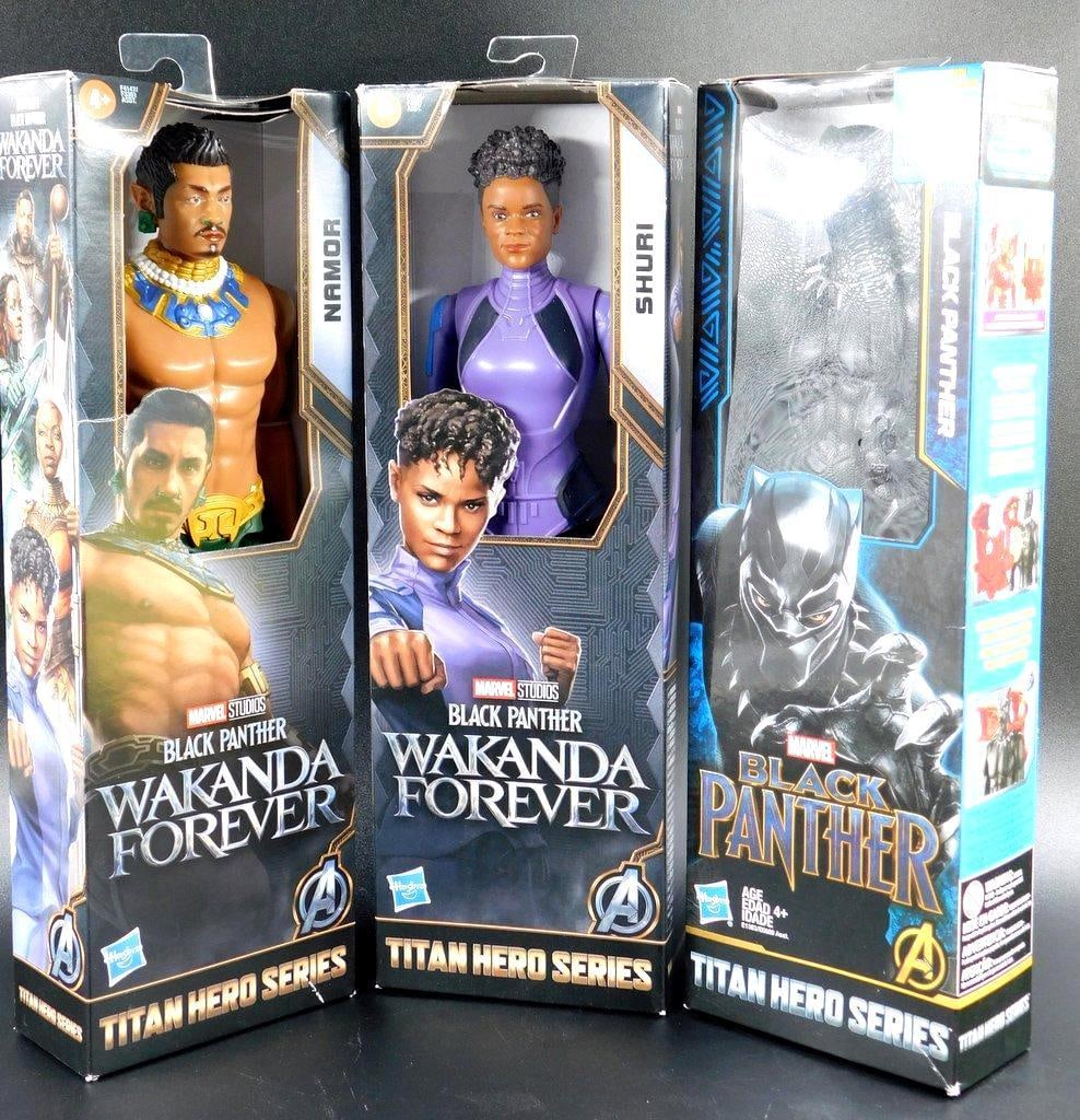 (Lot of 3) Hasbro Marvel Titan Hero Series Namor, Shuri, Black Panther, new in box: (Lot of 3) Hasbro Marvel Titan Hero Series action figures Namor, Shuri, Black Panther, new in box 12 inches tall Multiple points of articulation Box condition - good, sealed, new in box, no rips,