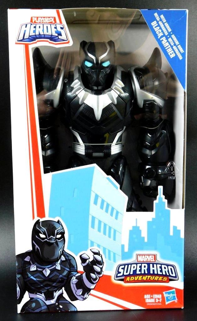 Playskool Heroes Marvel Superhero Adventures Mech Armor Black Panther action figure: Playskool Heroes Marvel Superhero Adventures Mech Armor Black Panther action figure Approx 12 inches tall Movable head, arms, legs Includes opening chest compartment Sealed in vg condition box