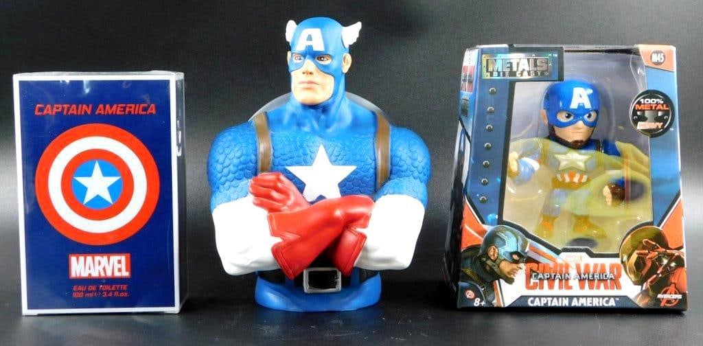 (Lot of 3) Marvel Captain America Civil War Edition collectables: (Lot of 3) Marvel Captain America Civil War Edition collectibles Marvel Captain America Eau De Toilette 3.4 oz (100 ml) Captain America cologne is a woody fragrance for men produced by Air Val Interna