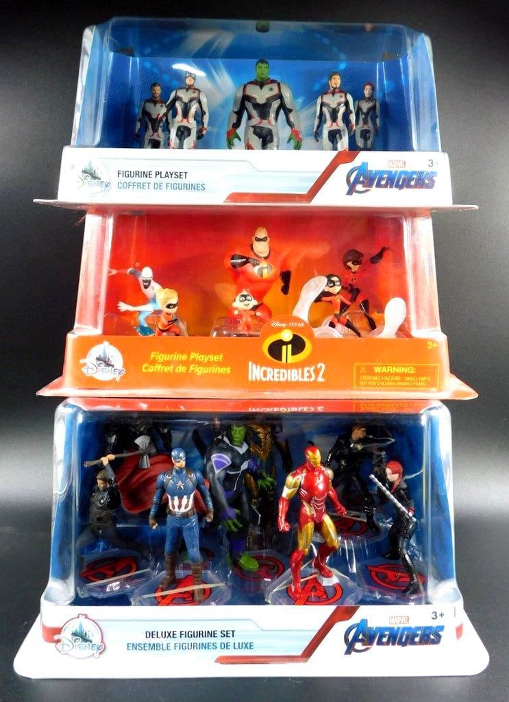 (Lot of 3) Disney figurine play sets featuring characters from Marvel and Pixar: Lot of 3 Disney figurine play sets featuring characters from Marvel and Pixar Set 1 - Disney/Marvel Avengers Endgame Team Suits figurine playset Features five figures in the "Quantum Suits" seen in