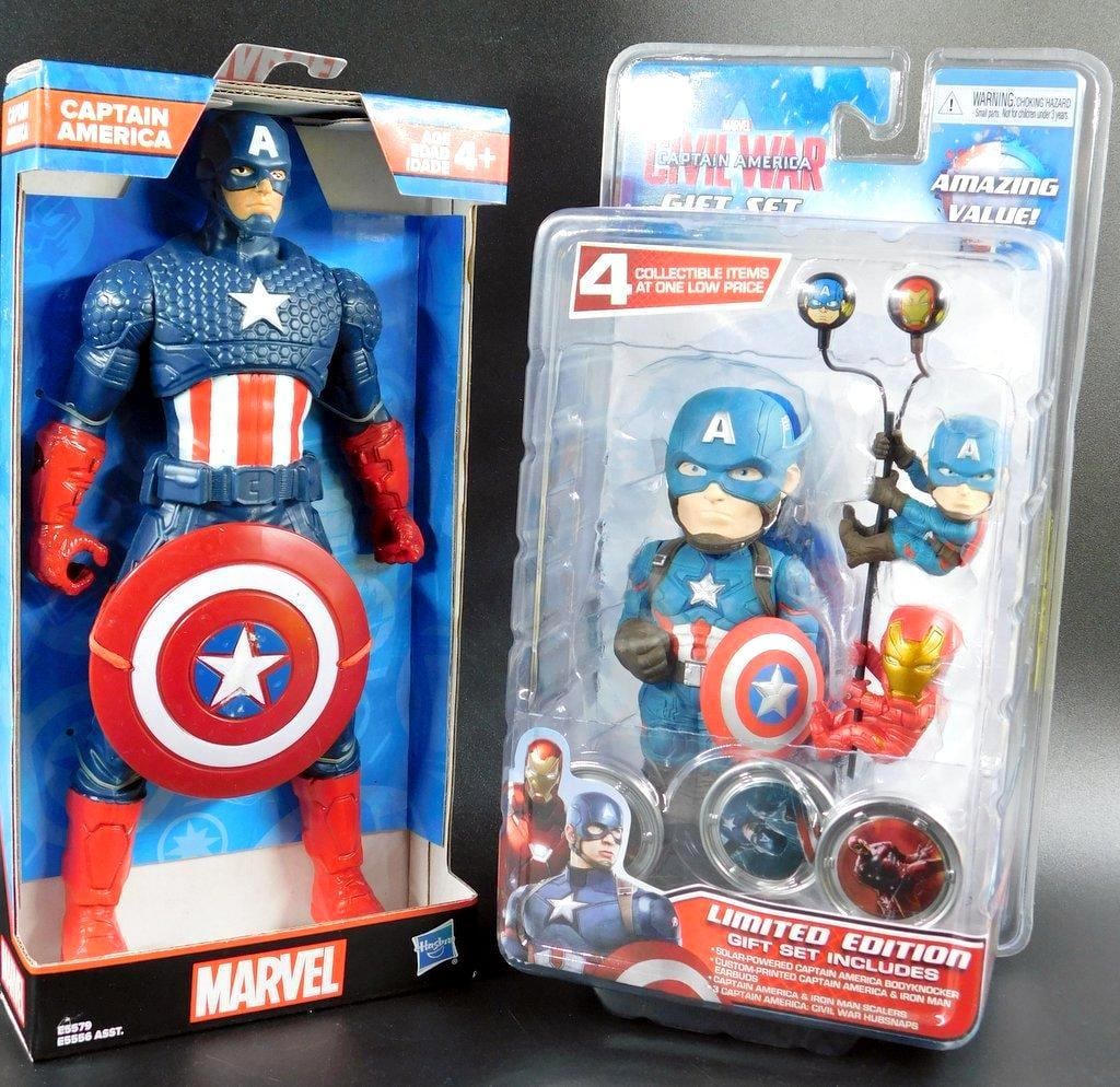 (Lot of 2) Captain America Collectible products: (Lot of 2) Captain America Collectible products Hasbro Captain America action figure Large scale - 10 inches tall, poseable, includes Captain America's signature red, white, and blue