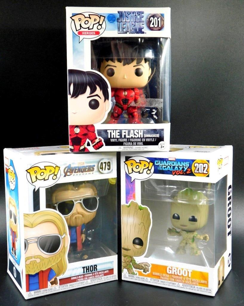 (Lot of 3) Funko Pop! figures - popular collectibles from the DC and Marvel universes: (Lot of 3) Funko Pop! figures -from the DC and Marvel universes The Flash unmasked Casual Thor (often referred to as 'bro Thor') Baby Groot from Guardians of the Galaxy All sealed in like new boxes