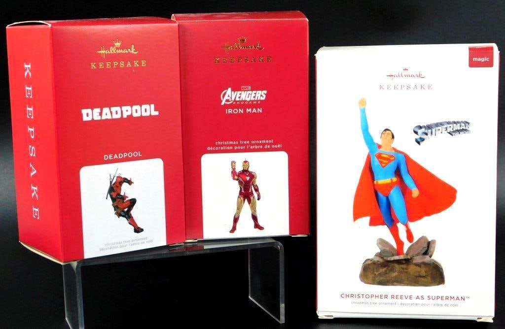 (Lot of 3) Marvel/DC Superhero Christmas tree ornaments: (Lot of 3) Marvel/DC Superhero Christmas tree ornaments Deadpool - Ornament features the "Merc With a Mouth" Avengers: Endgame Iron Man - depicts Iron Man in his Mark LXXXV armor as
