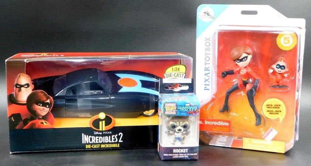 (Lot of 3) Disney/Pixar Incredibles 2 and Marvel toys: Large, die-cast vehicle of the "Incredibile," Accurate styling and opening doors 12 inches long Disney Pixar Toybox Mrs. Incredible & Jack-Jack Includes highly poseable Mrs. Incredible (