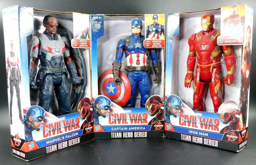 (Lot of 3) Hasbro Marvel Titan Hero Series: (Lot of 3) Hasbro Marvel Titan Hero Series Marvel's Falcon, Captain America, Iron Man 12-inch tall, All featuring speech and sound effects All contained in open front boxes in good condition &nb