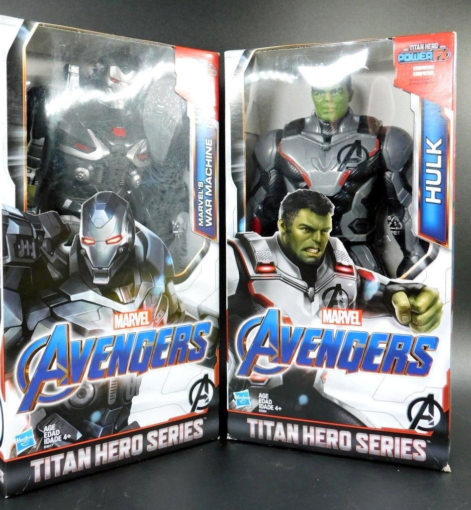 (Lot of 2) Hulk and War Machine action figures, Marvel Avengers: Endgame Titan Hero Series: (Lot of 2) Hulk and War Machine action figures, Marvel Avengers: Endgame Titan Hero Series Both 12 inches tall Each include a port on the arm for a Titan Hero Power FX pack (not included), which 