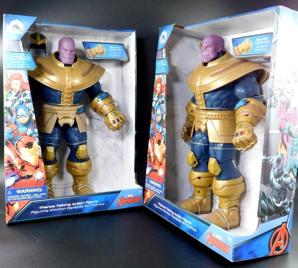 (Lot of 2) Marvel Thanos Talking Action Figures: (Lot of 2) Marvel Thanos Talking Action Figures 13.5 to 14 inches tall Includes a button on the torso that activates 15+ character phrases and sound effects 15 points of articulation, removable h