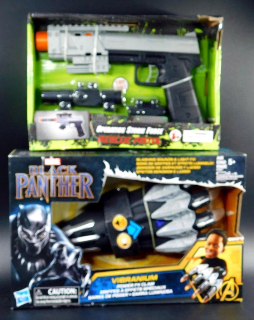 (Lot of 2) Military Themed Toy Blaster and Marvel Black Panther Vibranium Power FX Claw: (Lot of 2) Military themed toy blaster and Marvel Black Panther Vibranium Power FX Claw Toy gun military dual action blaster from Operation Storm Force series Includes electronic sounds for both pisto
