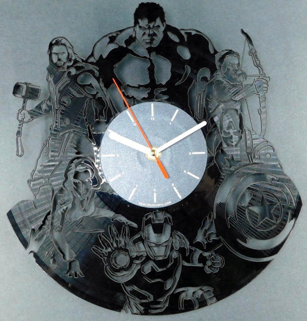 Marvel Avengers Vinyl Record Laser Cur Wall Clock: Marvel Avengers Vinyl Record Laser Cur Wall Clock- Hulk, Iron Man, Thor, Hawkeye,Black Widow, Captain America Intricately cut vinyl record w quiet quartz movement Approximately 12 inches