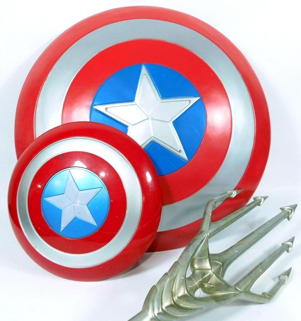 Trident and Captain American Shield Grouping: Trident is over 6 feet T Larger shield is roughly 36 inches D