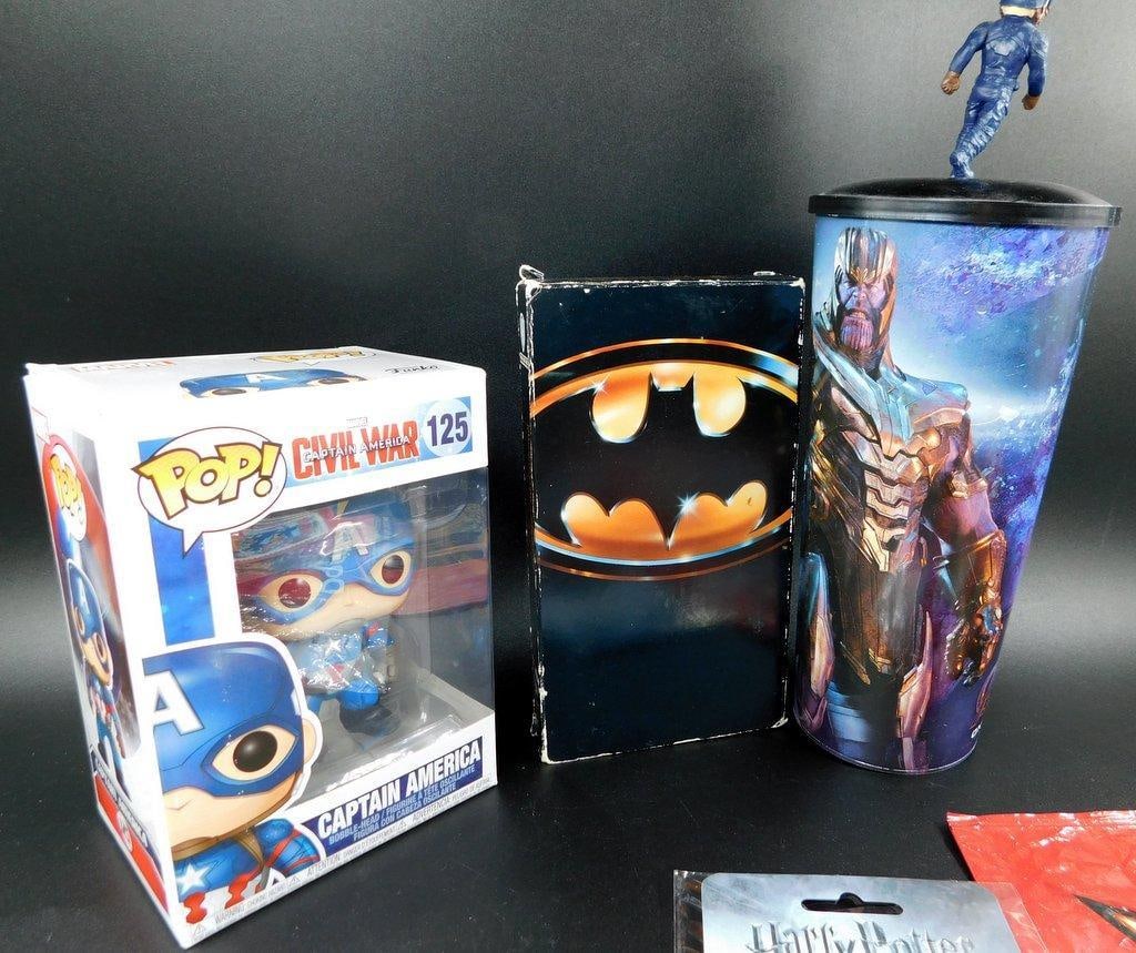 (Lot of 6) Funko Pop! #125 Captain America Figure, Batman VHS, Cinemark. Cup Topper, Postcards, - 2