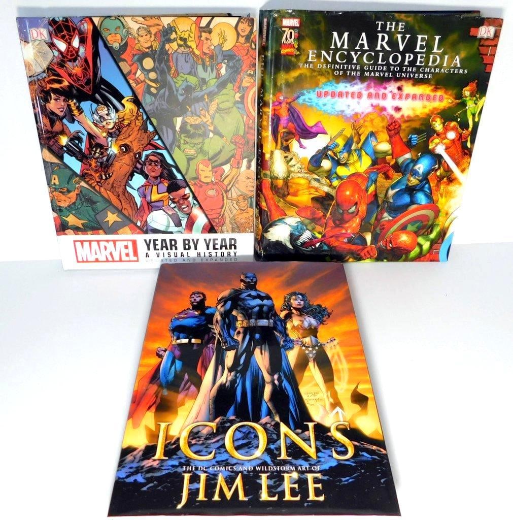 (Lot of 3) Hardcovers- Marvel Year by Year: A Visual Historyand DC artwork of Jim Lee: (Lot of 3) Hardcovers- Marvel Year by Year: A Visual History and DC artwork of Jim Lee Marvel Year by Year: A Visual History: The Marvel Encyclopedia Some wrinkling on top and small tear on