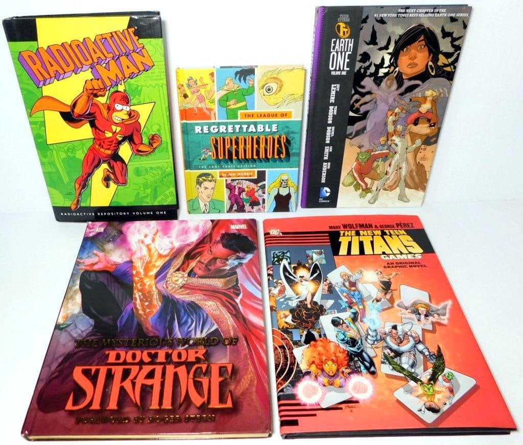 (Lot of 5) Hardcover Collection of Graphic Novels and Books From Various Superhero Franchises: (Lot of 5) Hardcover Collection of graphic novels and books from various superhero franchises Radioactive Man: Radioactive Repository Volume One Teen Titans: Earth One Vol. 1 The New Teen Titans: Game