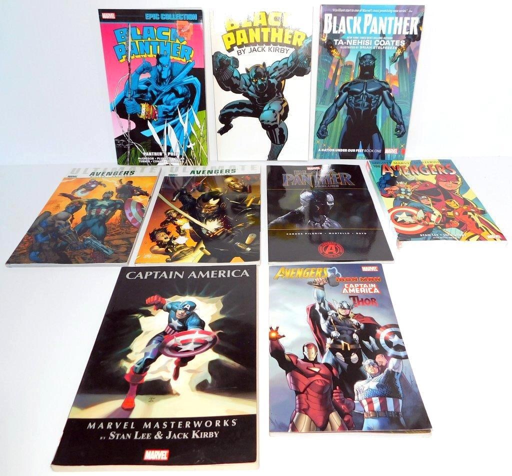 (Lot of 9) Marvel Comics and Graphic Novels on Black Panther and The Avengers: (Lot of 9) Marvel comics and graphic novels primarily centered on Black Panther and The Avengers Black Panther Epic Collection: Panther's Prey Black Panther by Jack Kirby Black Panther Vol. 1: A Natio