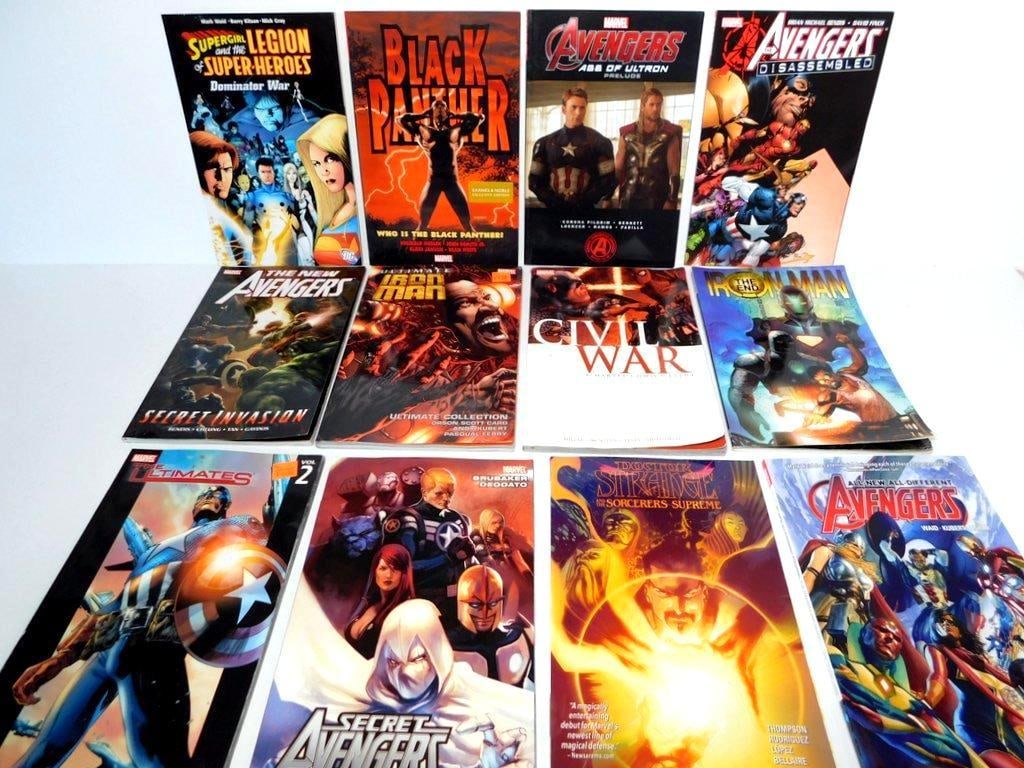 (Lot of 12) Marvel and DC Comic Book Graphic Novels and Paperbacks: (Lot of 12) Marvel and DC comic book graphic novels and paperbacks Supergirl and the Legion of Superheroes: The Dominator War Black Panther: Who Is the Black Panther? Marvel's The Avengers: Age of Ult