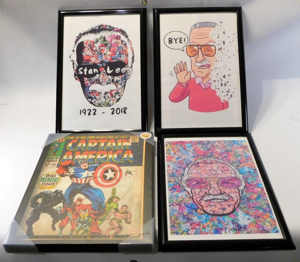 3 Framed Marvel Creator Stan Lee Tribute Art Prints and 1 Captain America #100 Cover Tribute: 3 framed Marvel creator Stan Lee tribute art prints and 1 Captain America #100 cover tribute Top Left Frame (Silhouette Portrait) Artist: Chris Thornley (professionally known as Raid71) Artwork