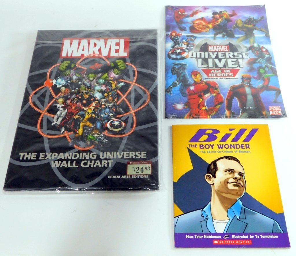 Marvel Expanding Universe wall chart, Marvel Universe LIVE! Tour Program, Batman Creator Book: Marvel Expanding Universe wall chart, Age of Heroes Official Show Program, Batman creator book Marvel: The Expanding Universe Wall Chart is a hardcover book that opens into a 12-foot long wall
