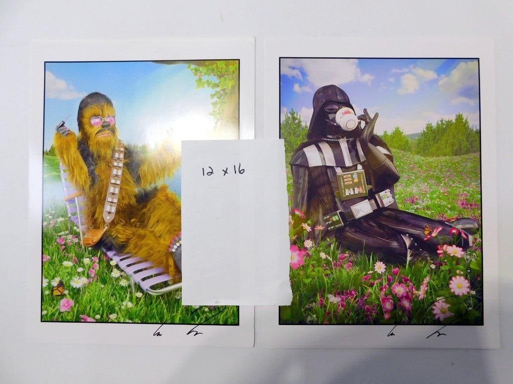 (Lot of 2) Satirical Star Wars Art Prints: (Lot of 2) Satirical Star Wars art prints Prints of Chewbacca painting his nails and Darth Vader sipping tea Each 12 x 16 inches
