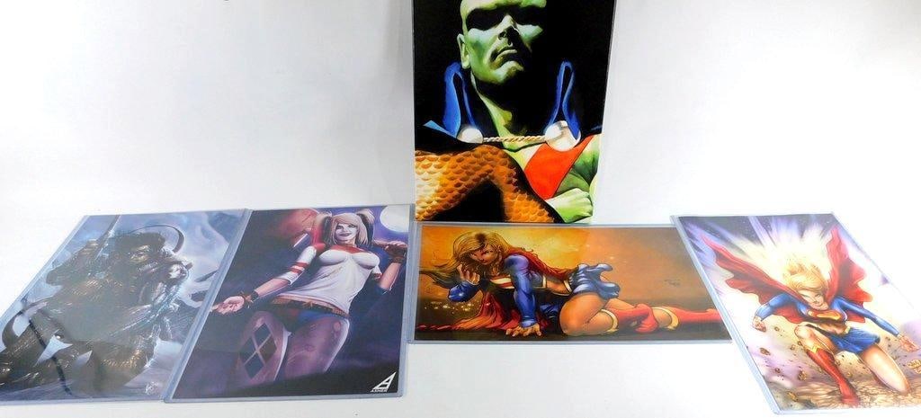 (Lot of 5) Comic Book Wall Art: C(Lot of 5) comic book wall art 1 large vertical Martian Manhunter portrait (top center), featuring Alex Ross's iconic hyper-realistic style. 4 individual art prints protected in clear plastic