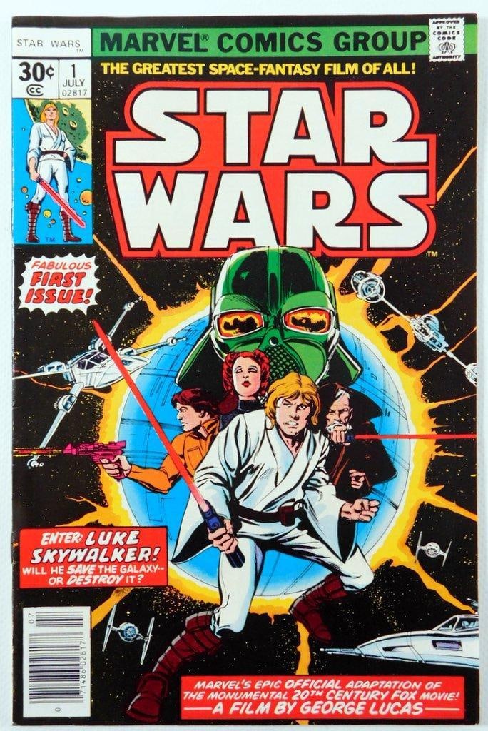 Marvel Comics Star Wars #1 July 1977 Issue: Marvel Comics Star Wars #1, published in July 1977 Features the debut comic adaptation of the classic film Cover price marked as 30 cents Cover-dated July 1977, but was released on April 12, 1977 
