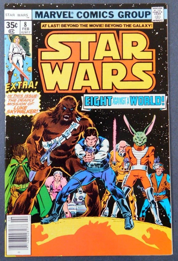 Marvel Comics 'Star Wars #8', Feb 1978 Featuring Original Storyline: Marvel Comics Star Wars #8, published in February 1978, continues the storyline following the 1977 movie Featuring the title Eight for Aduba-3, it introduces original characters and plots, released