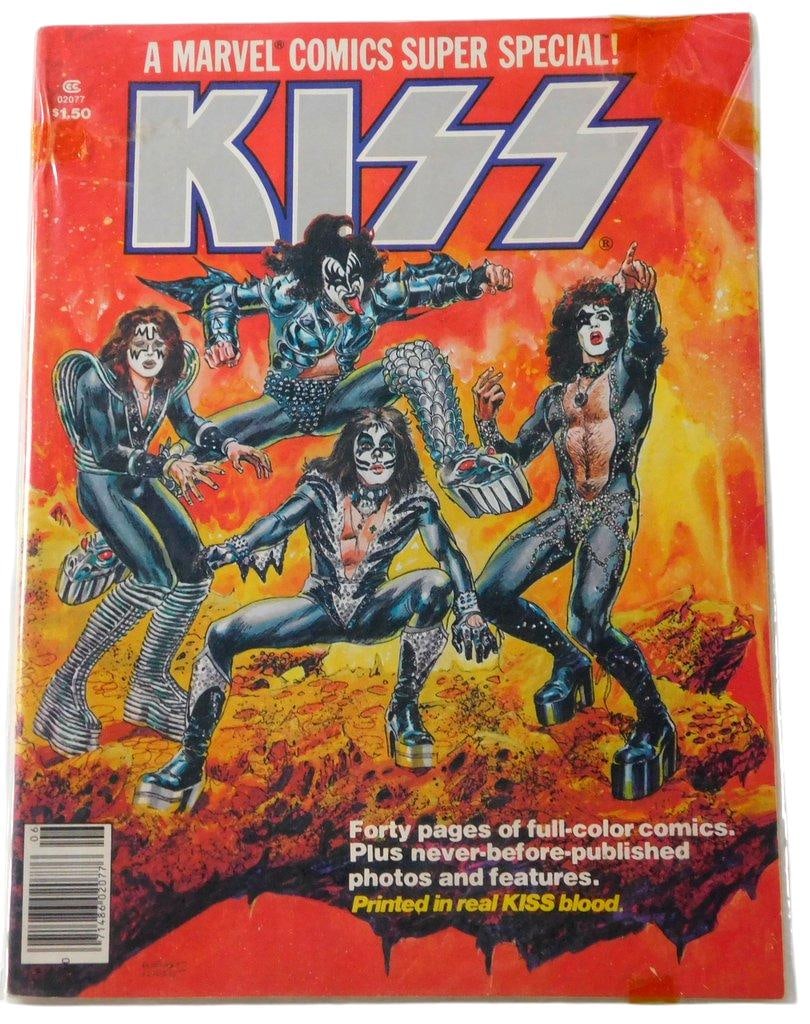 Kiss "Blood" 1977 Marvel Comics Super Special #1: Kiss "Blood" 1977 Marvel Comics Super Special #1 Famous for a publicity stunt where the band members had their blood drawn and mixed into the red ink used to print the comic The magazine includes 40