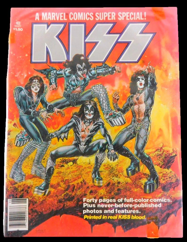 KISS "Blood" 1977 Marvel Comics Super Special #1: Kiss Blood 1977 Marvel Comics Super Special #1 Famous for a publicity stunt where the band members had their blood drawn and mixed into the red ink used to print the comic The magazine includes 40