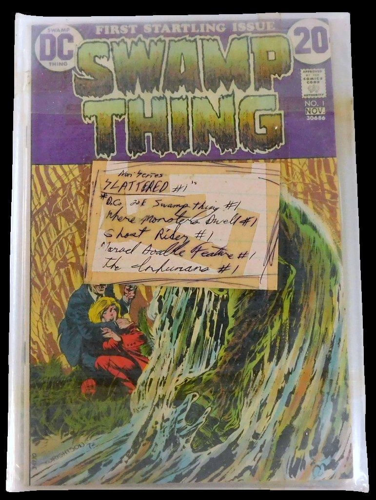 Swamp Thing and Other #1, the Premiere Issue of the Original 1972 DC Comics Series: Swamp Thing #1, the premiere issue of the original 1972 DC Comics series The cover art was illustrated by Bernie Wrightson Handwritten label listing multiple issues, including Where Monsters Dwell #1,