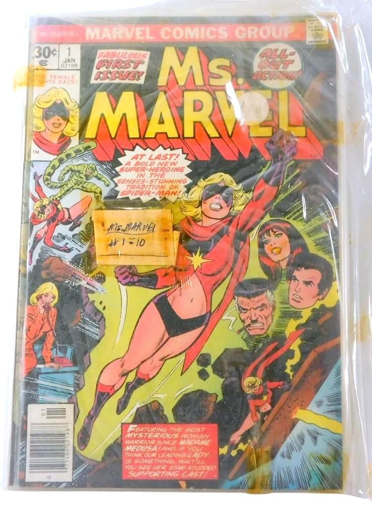 (Lot of 2 bundles) Ms. Marvel issues #1-#20 (1976), (20 Issues): Ms. Marvel issues #1-20 (1976) All copies in protective sleeves (#1-10 in one sleeve and #11-20 in another), unopened since mid '70's Sealed in bundles of 10 comics per package Contents as shown on