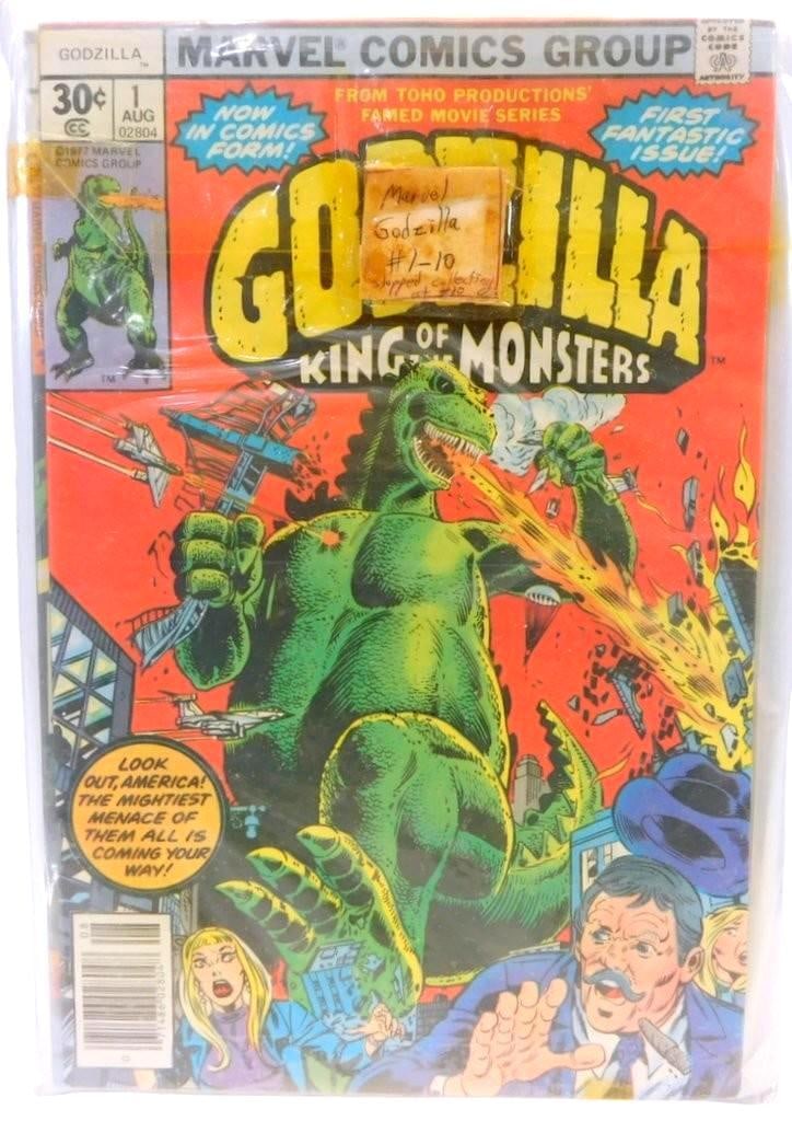 Marvel's 'Godzilla: King of the Monsters', Issues #1-#10, Sealed and Bundled Since Purchase (1977): A complete set of Marvel Comics' Godzilla: King of the Monsters issues #1-#10 (1977) Each issue is individually sealed as purchased, with all sealed comics bundled together in an additional sealed